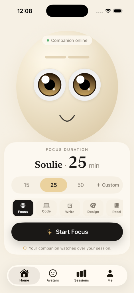 Soulie focus timer and virtual companion interface